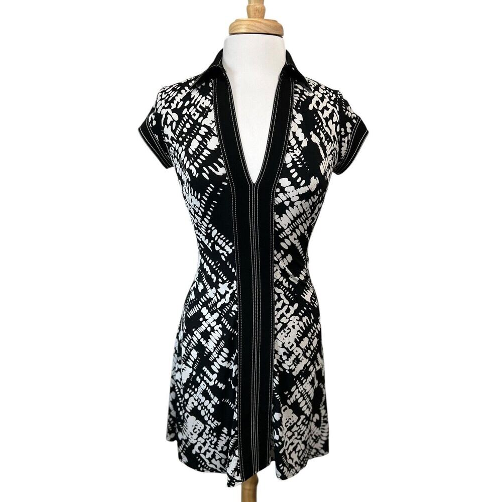 Cache Black and White Sheath Dress with Notched Collar